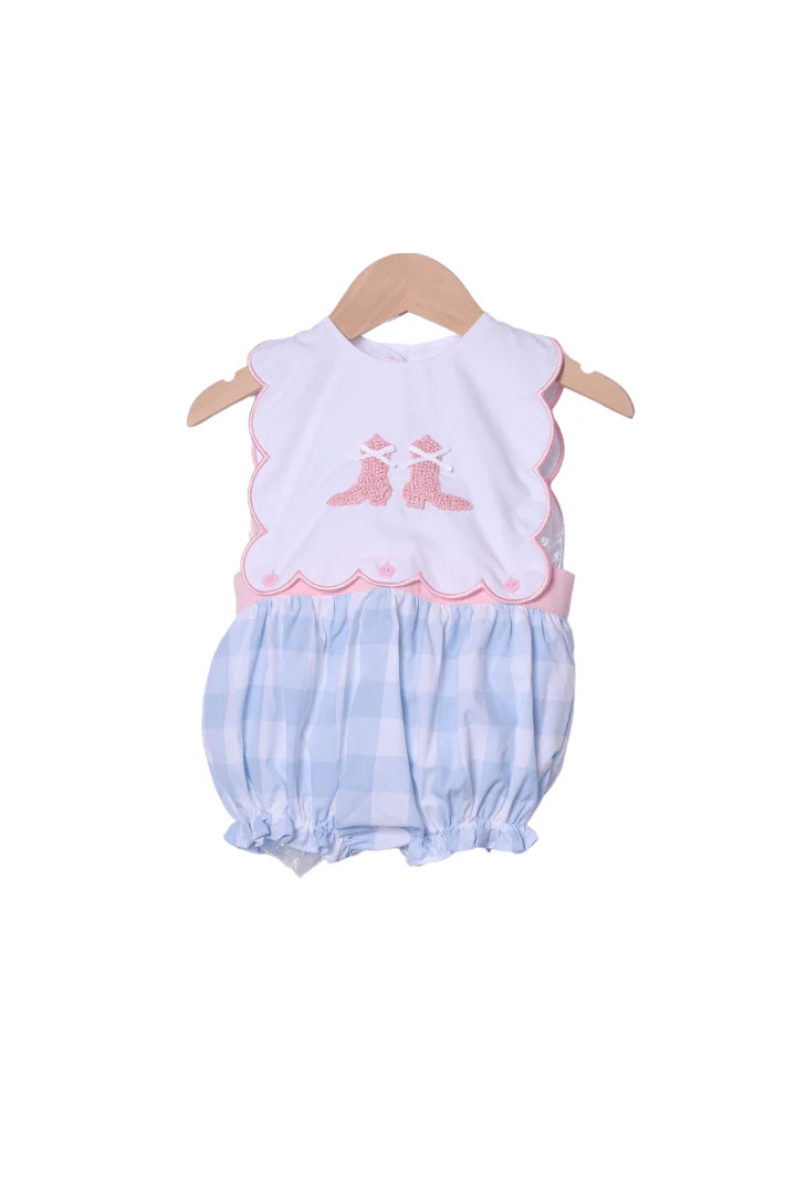 French Knot Boots and Bow Blue Gingham Bubble | The Smocked Flamingo
