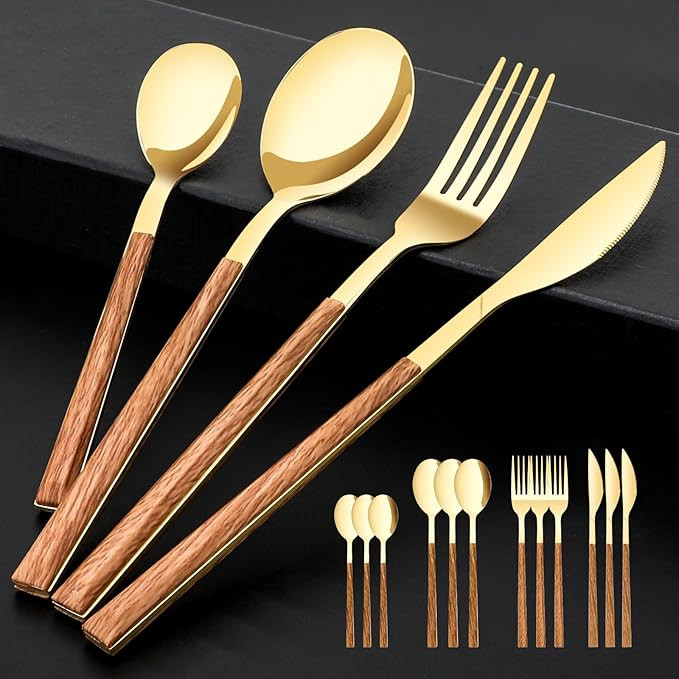 Stainless Steel Flatware Set for 4, Cutlery Utensils Set with Simulated Wooden Handle Include Kni... | Amazon (US)