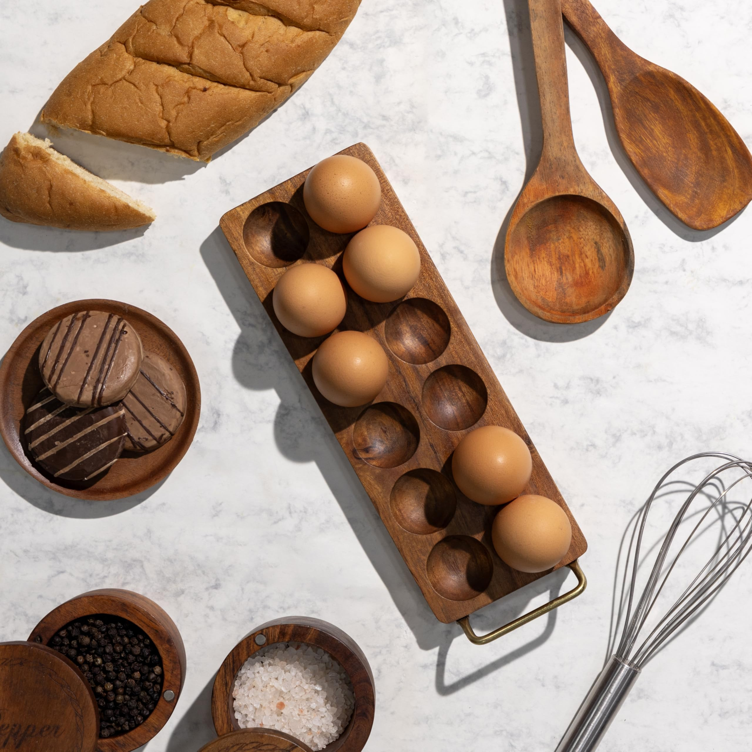 Acacia Wood Egg Tray with Gold Metal Handle - Wooden Egg Crate, Egg Holder, Egg Container for Cou... | Amazon (US)