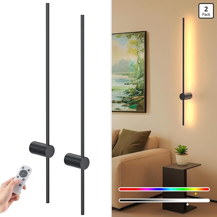 NIORSUN 35.4 Inch Battery Operated Wall Sconce Set of 2,Black Minimalist Rechargeable LED Wall Li... | Amazon (US)