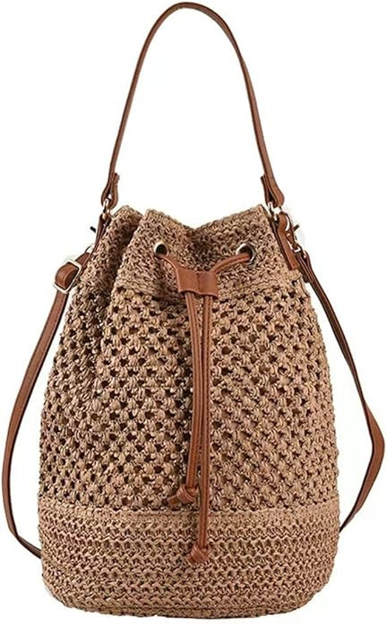 Women Straw Drawstring Bucket Purse Small Tote Shoulder Handbag Hollow Out Cross-body Bag for Sum... | Amazon (US)