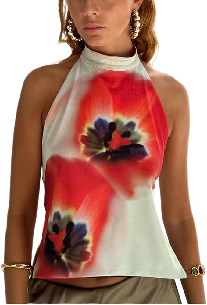 UAURORAO Women Backless Halter Top Mock Neck Boho Floral Tank Tops Open Back Aesthetic Y2k Going ... | Amazon (US)