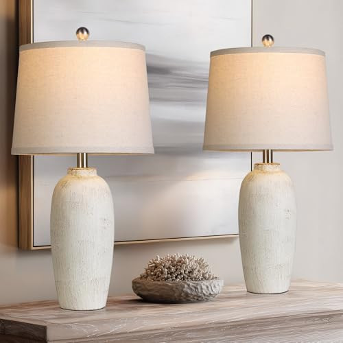 MOUVOVO Jar Table Lamps Set of 2, 25" Ceramic Bedside Lamps for Bedroom, Beige Farmhouse Nightstand Lamps for Living Room | Amazon (US)