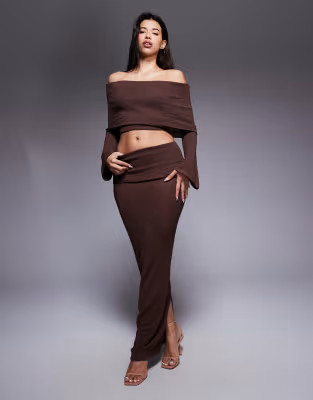 Wanderdoll Yasmin bardot boucle knit dramatic foldover flared sleeve top and maxi skirt co-ord in... | ASOS (Global)