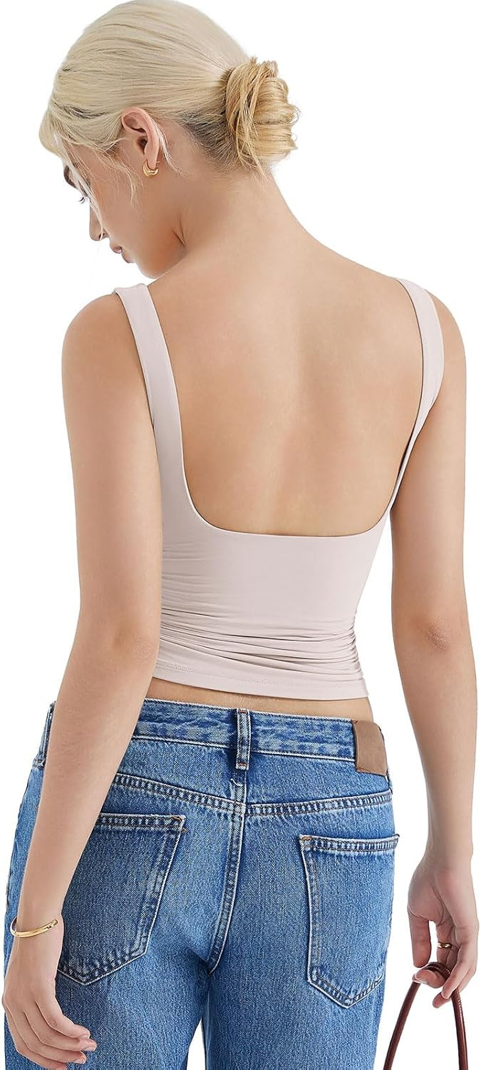 SUUKSESS Women Double Lined Backless Boat Neck Tank Top with Built in Bra | Amazon (US)