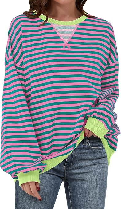 ANRABESS Women Striped Sweatshirts Oversized Crewneck Long Sleeve Shirts Y2K Pullover Top 2025 Fa... | Amazon (US)
