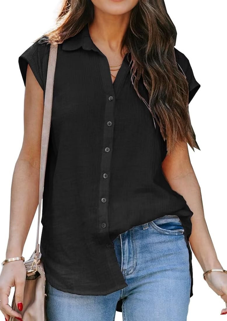 ZC&GF Women's V Neck Short Sleeve Button Down Shirts Casual Chiffon Blouses Tops | Amazon (US)