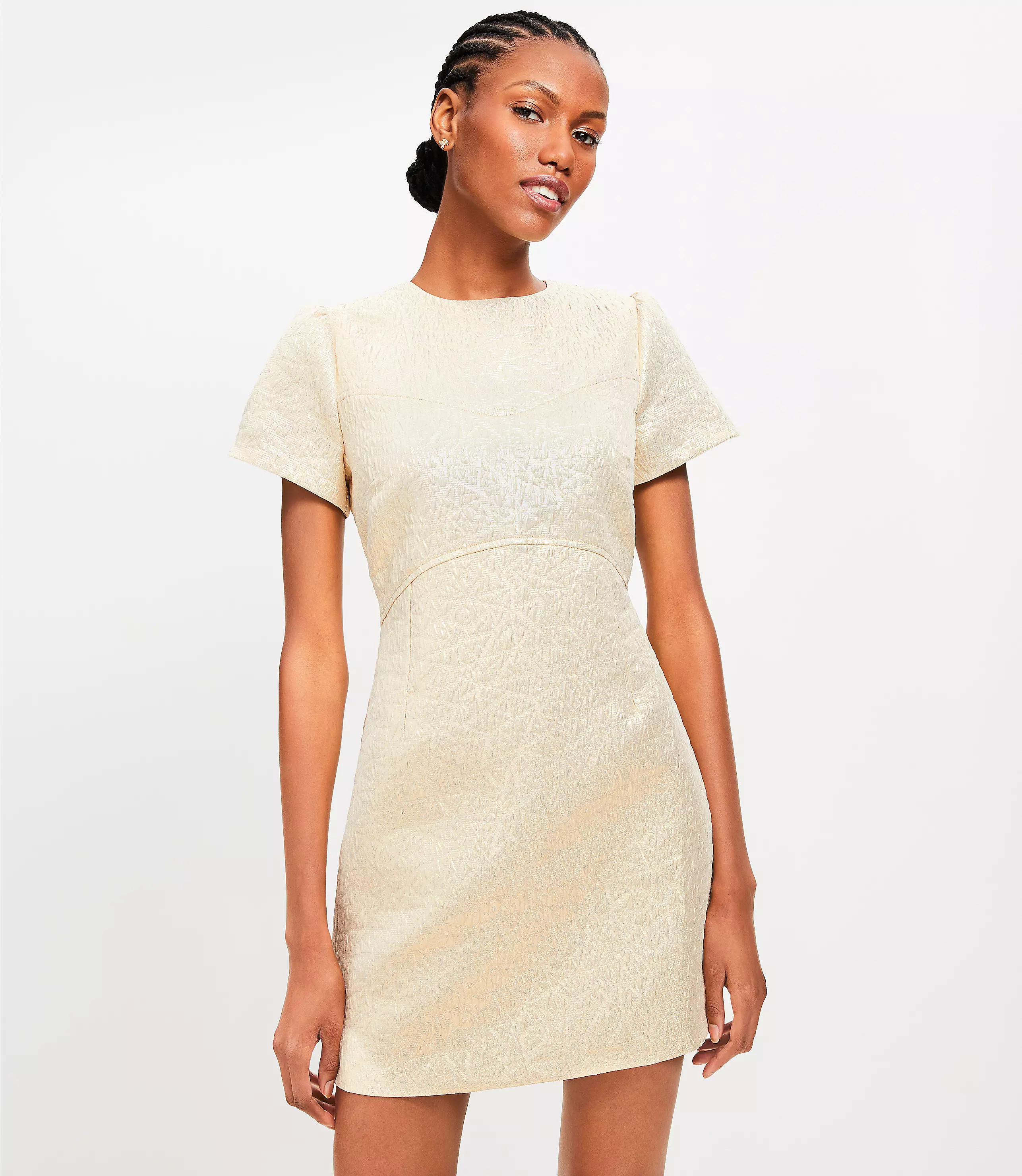 Petite Metallic Brocade Short Sleeve Mini Dress | LOFT