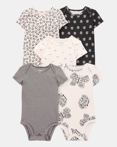 Baby Girl 5-Pack Striped Butterfly Short-Sleeve Cotton Bodysuits - Black/White | Carter's Inc