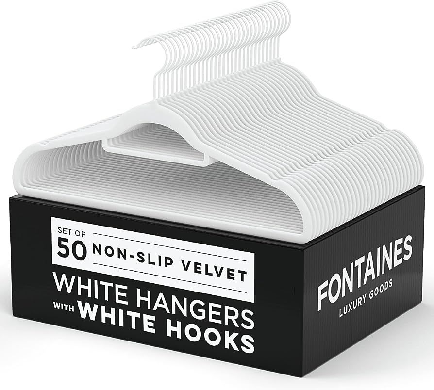 Fontaines Luxury White/White Velvet Non-Slip Clothes Hangers - Pack of 50 - Ultra Slim & Space Sa... | Amazon (US)