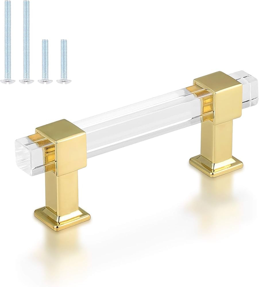 knobelite 15 Pack Kitchen Cabinet Handles, 3 Inch Hole Center Clear Acrylic Cabinet Pulls, Gold Z... | Amazon (US)