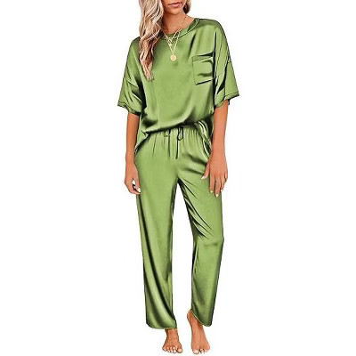 Ekouaer Womens Satin Silky Pajama Set Short Sleeve Shirt with Long Pajama Pant Set Soft PJ Loungewear Army Green XXL | Target