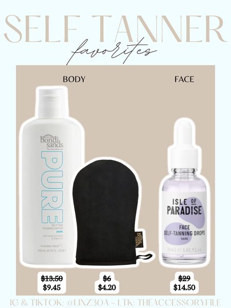 My self tanner favorites - and they’re on sale for cyber week! 

The tanning drops I use about 5-8 drops and mix into my moisturizer and apply about 30 mins to an hour before bed.

The tanning water comes out as a foam and I apply this before I dry my hair and use my hair dryer to help speed up the drying time. What I love about it is that it doesn’t require rinsing off. I do apply lotion to my palms, nail beds, and any dry spots like elbows before applying. 

Self tanner, beauty products, gifts for get 

#LTKGiftGuide #LTKbeauty #LTKCyberWeek