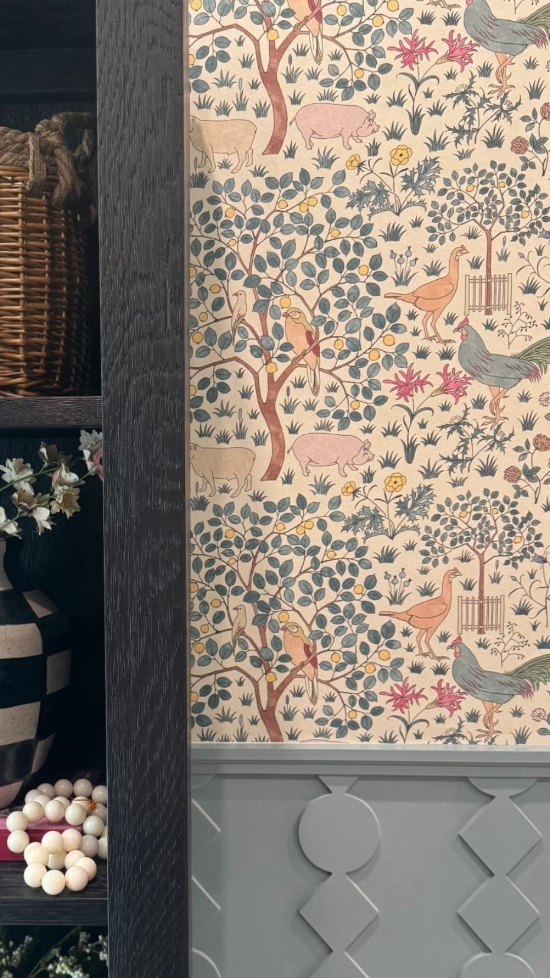 Whimsical cottagecore dreams 🌿🪵 This charming bedroom features a storybook-style wallpaper with playful farm animals and florals, paired with soft blue geometric wall paneling and cozy built-in shelving. Perfect mix of vintage character and curated charm! #CottagecoreDecor #WhimsicalStyle #VintageVibes #EclecticHome #CozyCorners

#LTKKids #LTKHome