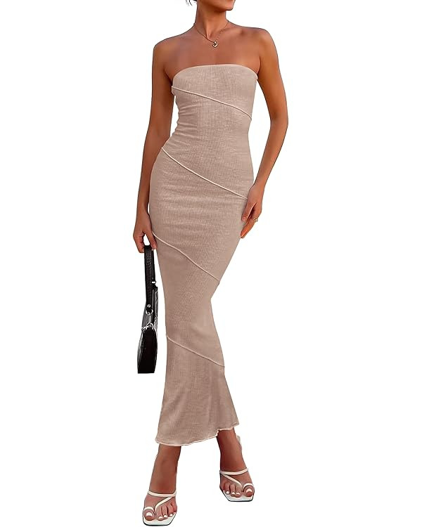 PRETTYGARDEN Womens Ribbed Maxi Bodycon Summer Strapless Tube Y2K Party Club Long Dress | Amazon (US)