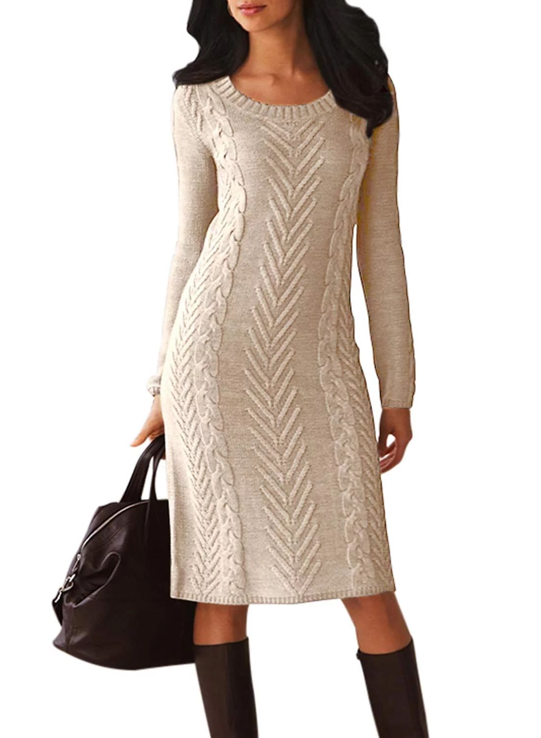 Dokotoo Women's Khaki Soft Ribbed Long Sleeve Knee Length Classic Sweater Dress Size Medium US 8-... | Walmart (US)