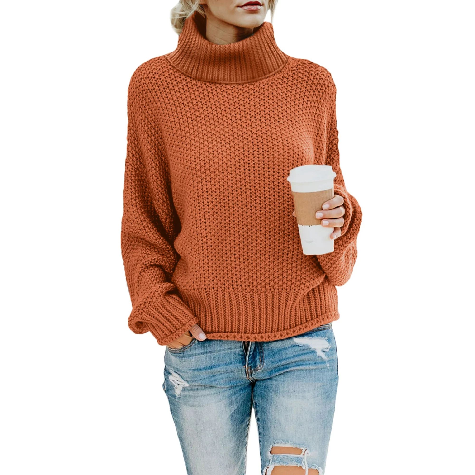 Dokotoo Womens Orange Turtleneck Pullover Sweaters Loose Knitted Jumpers Tops Size Medium US 8-10 | Walmart (US)
