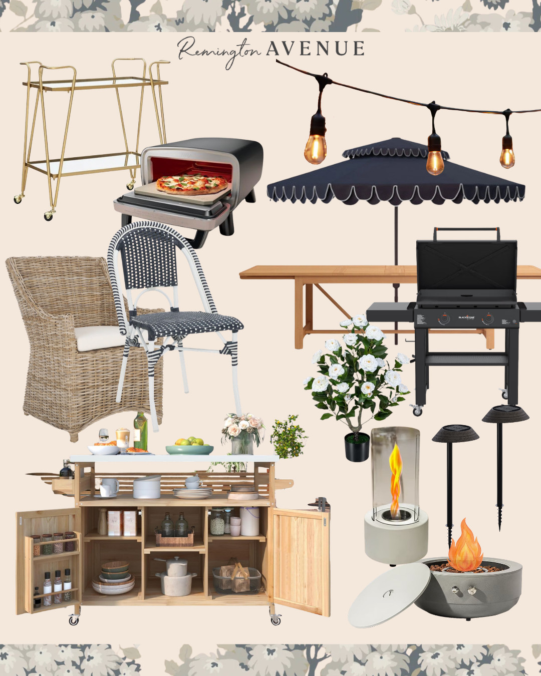 All my outdoor patio gear! Outdoor lighting. Outdoor umbrella. Outdoor dining table. Outdoor chairs. Serving tables. Tabletop fireplace. Blackstone grill. Faux flowers. Pizza Oven. Outdoor smoker. Solar lighting. Bistro Lighting. Fireplace.  

 