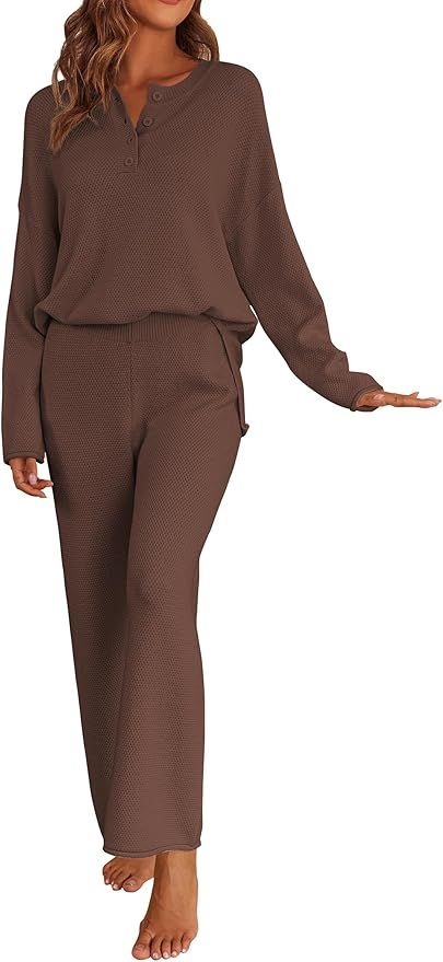 Ekouaer Pajamas Set Women Long Sleeve 2 Piece Outfits Knit Sweater Slouchy Button Sleepwear Sets ... | Amazon (US)