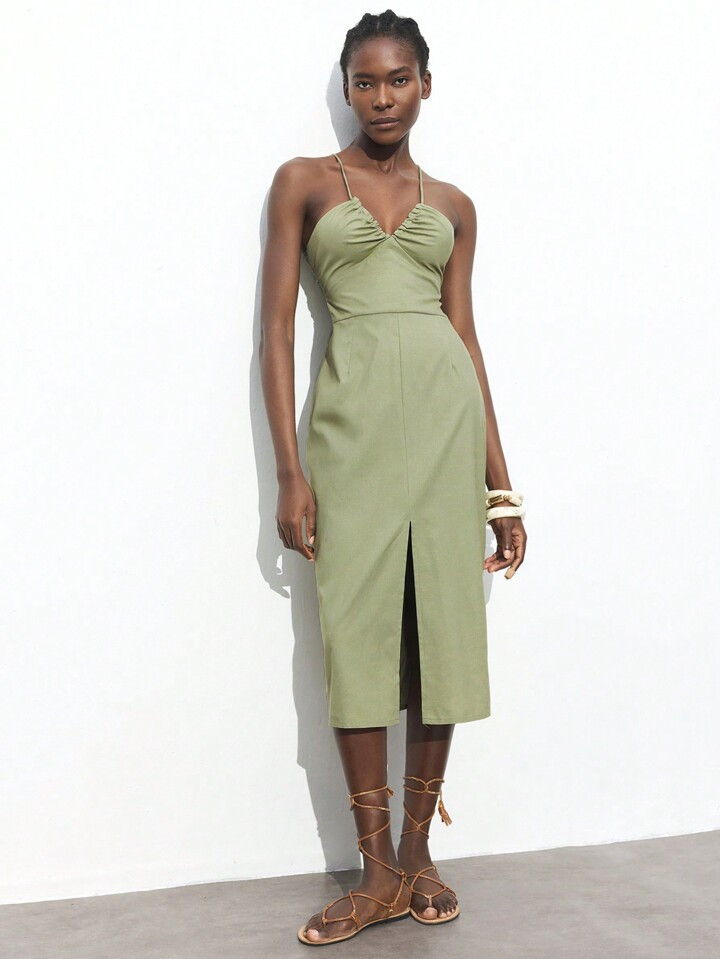 Maija 2025 Summer New Fashion Spaghetti Strap Adjustable Drawstring Pleated Front Slit Waist Tie ... | SHEIN