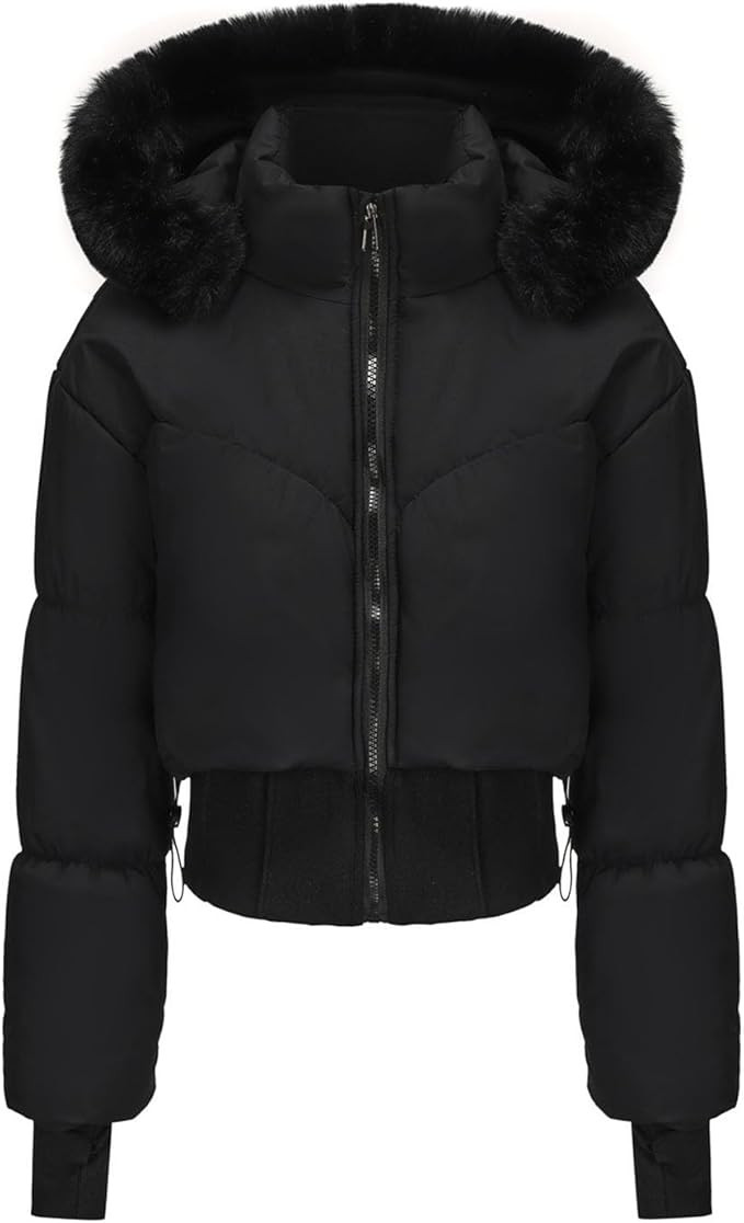 Womens Winter Cropped Puffer Jacket Long Sleeve Oversized Stand Collar Zip-Up Short Coats with Fa... | Amazon (US)