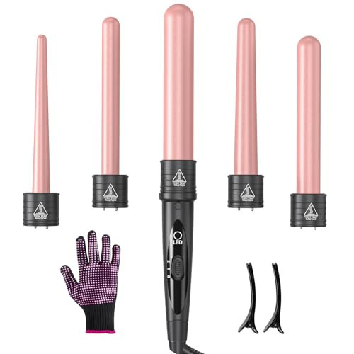 5 in 1 Curling Iron Wand Set, Hair Curling Iron Interchangeable Ceramic Barrels (0.35 to 1.25 Inch), Barrel Heat Protective Glove 2 Clips, Dual Voltage Hair Curler for Girls, Women Gift - Rose Gold | Amazon (US)