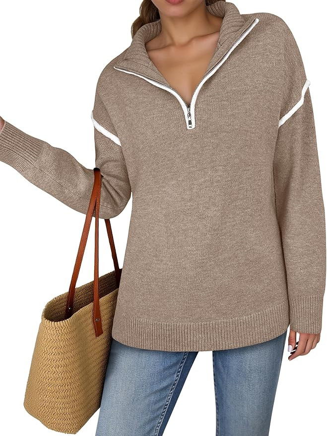 ANRABESS Womens Quarter Zip Sweaters Fall Long Sleeve V Neck Shirts Collared Business Casual Tops... | Amazon (US)