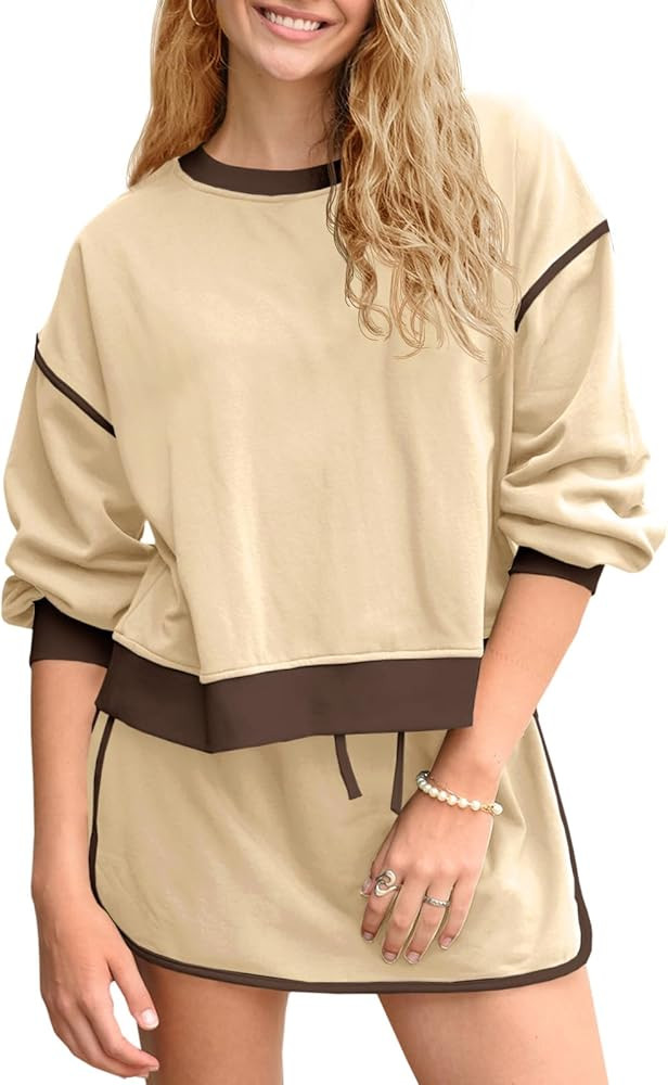 Fisoew Womens Sweatsuits 2 Piece Set Crewneck Sweatshirts High Waisted Skort Skirts Tennis Runnin... | Amazon (US)