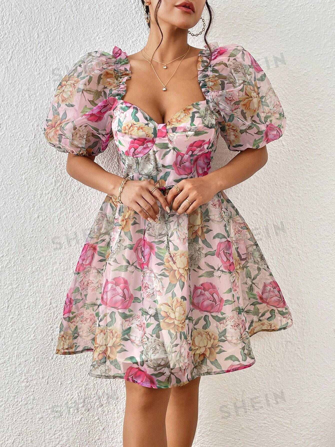 SHEIN MOD Floral Print Sweetheart Neck Puff Sleeve Dress | SHEIN