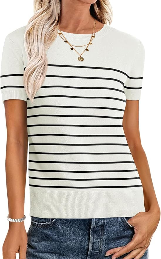 ANRABESS Womens Short Sleeve Sweaters Wool Blend Crew Neck Sweater Shirts Business Casual Work To... | Amazon (US)