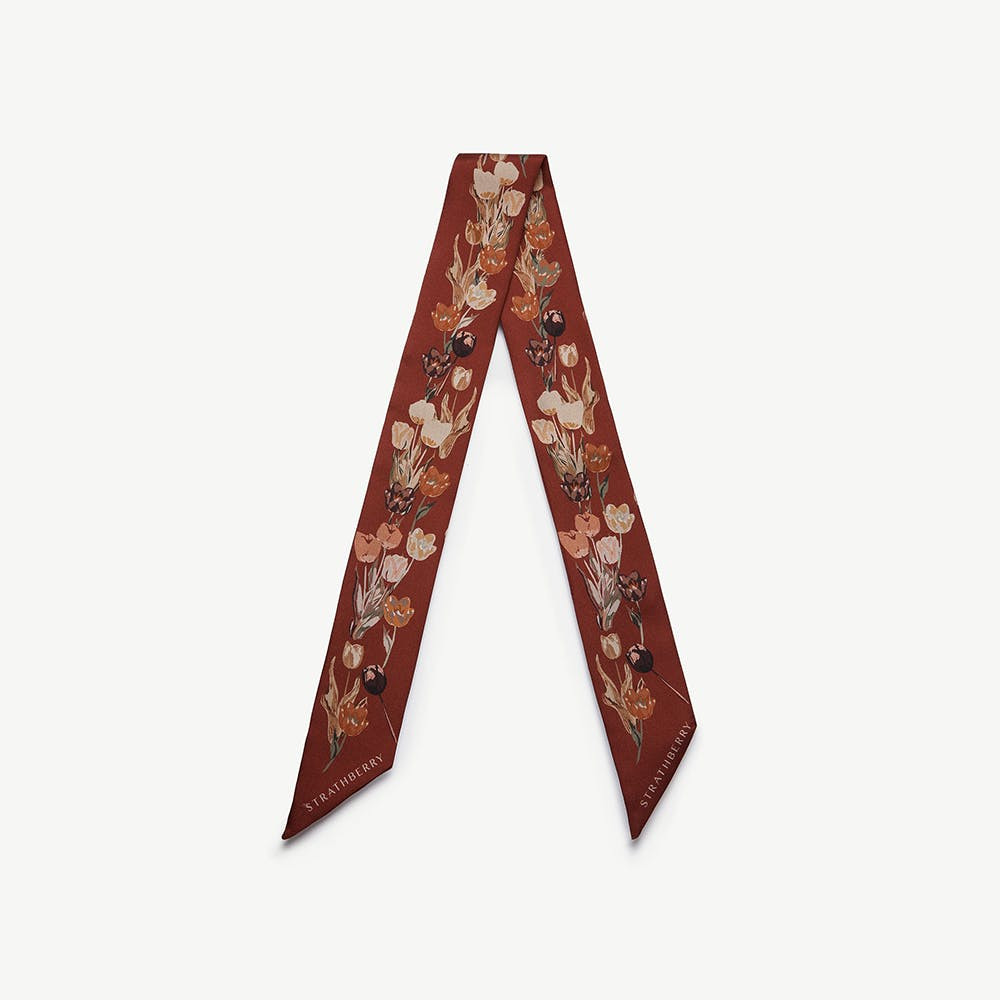 Silk Skinny Scarf - Oxblood Tulip Print | Strathberry