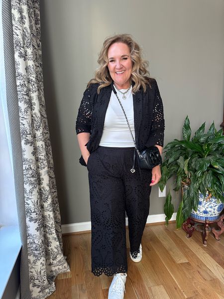 Lace suit but make it casual! 
Wearing size 2.0. The pants are 25% off! 
White tee is fitted a great layering piece. Wearing a XXL 

My sneakers are a splurge but I’ve had them for 4 seasons now and I keep going back to them. 

Spring Outfits spring suit 

#LTKsalealert #LTKover40 #LTKSeasonal