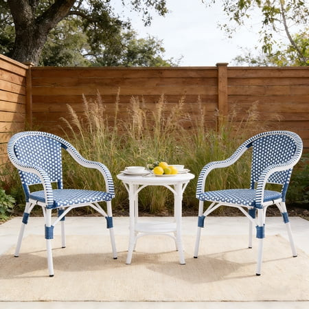 Christopher Knight Home French Cafe Wicker Outdoor Dining Chairs, Aluminum Frame, White+Blue, Set of 2 | Walmart (US)
