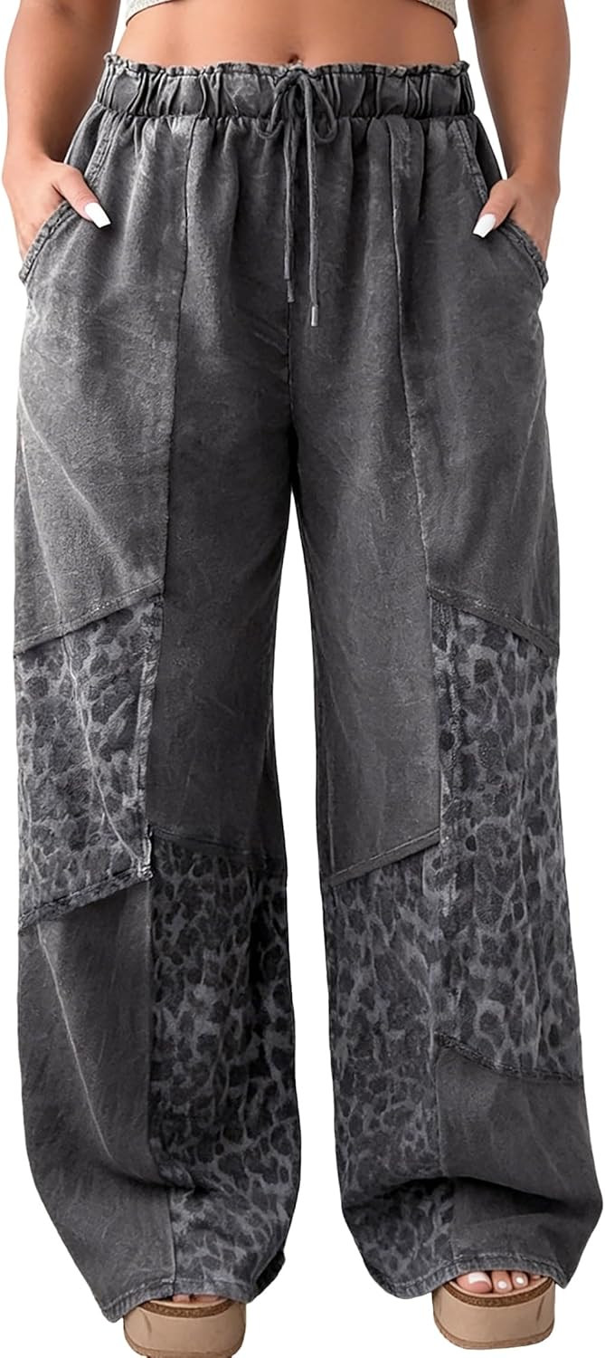 MARZXIN Casual Pants for Women Dark Grey Plus Size Leopard Patchwork Mineral Wash Wide Leg Pants | Amazon (US)