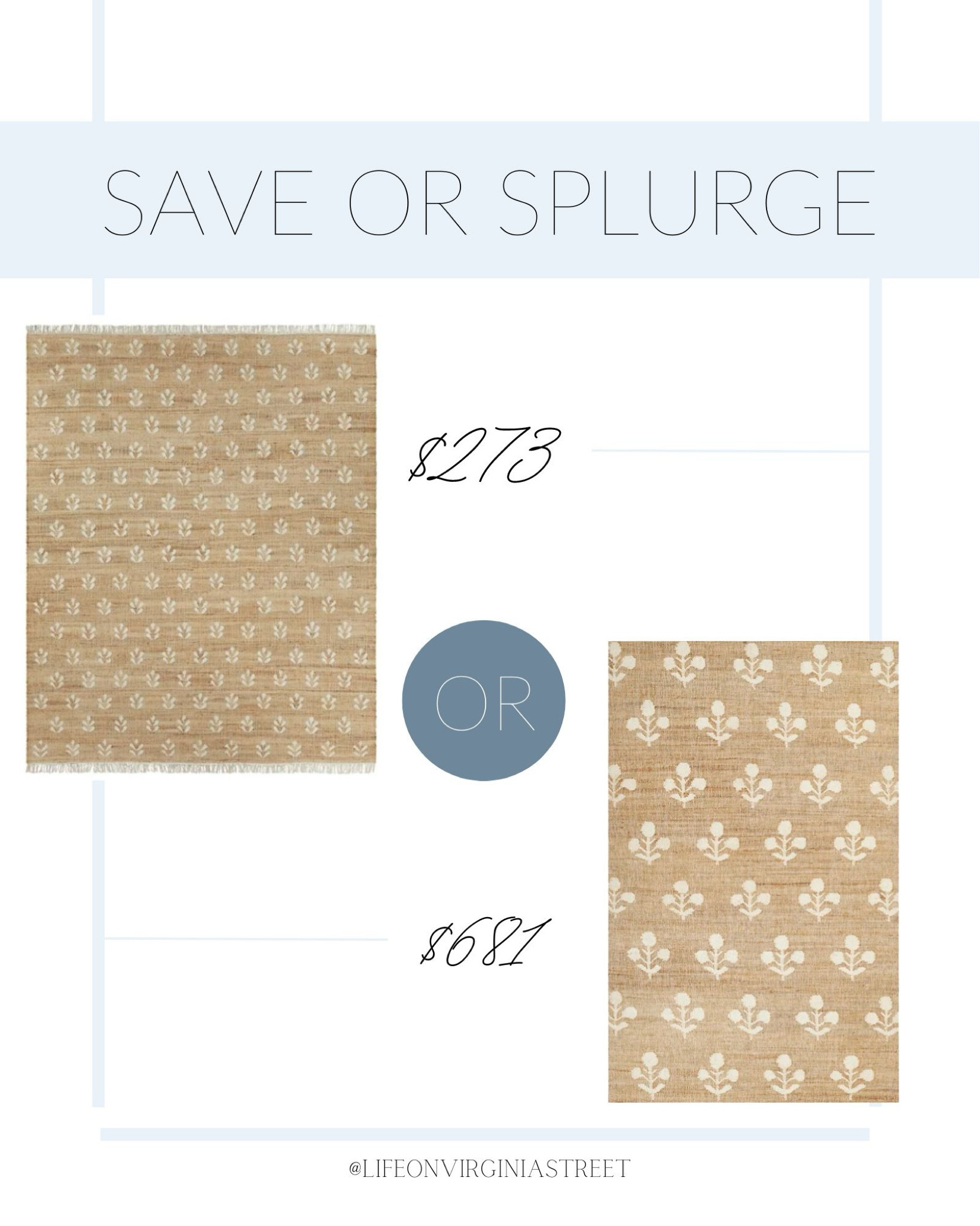 Loving both of these save and splurge block print jute rugs! We have the splurge version in our carriage house living room, but the save version is such an incredible price and has stellar reviews! They both come in multiple sizes and are perfect rugs for a living room, bedroom, entryway and more!
.
#ltkhome #ltksalealert #ltkseasonal #ltkstyletip designer look for less, coastal decor rugs

#LTKsalealert #LTKSeasonal #LTKhome