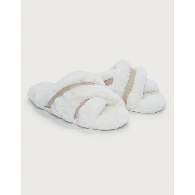 Faux Fur Trim Cross Slider Slippers | The White Company (UK)