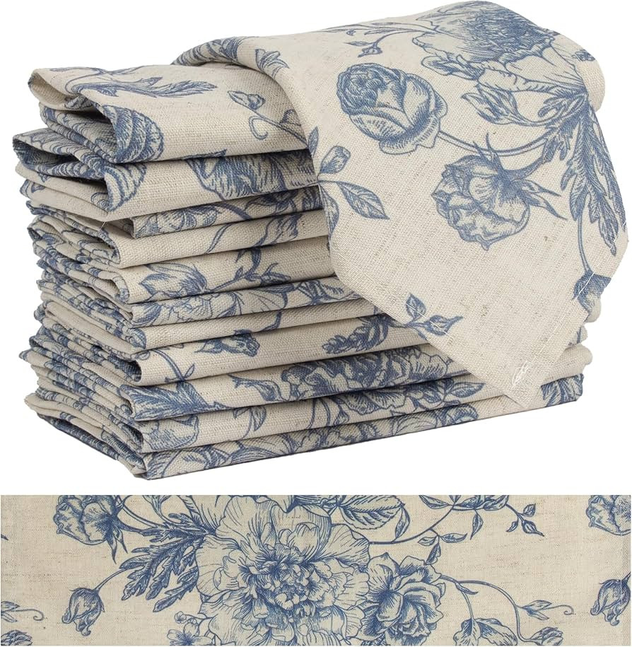 Blue Floral Cloth Napkins Set of 12, Vintage Linen Cotton Dinner Napkins 15x15 Inch - Reusable, C... | Amazon (US)