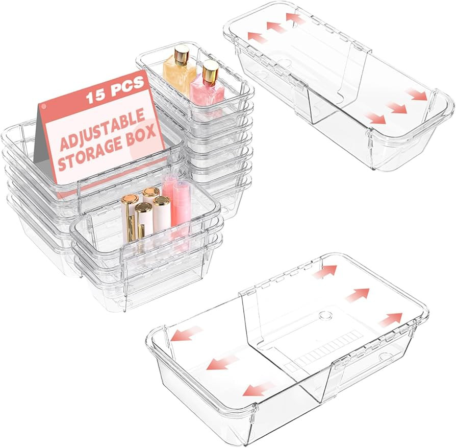 15 Pcs Extendable Clear Drawer Organizer, All Adjustable Vanity Storage Box, 2-Size Desk Drawer O... | Amazon (US)