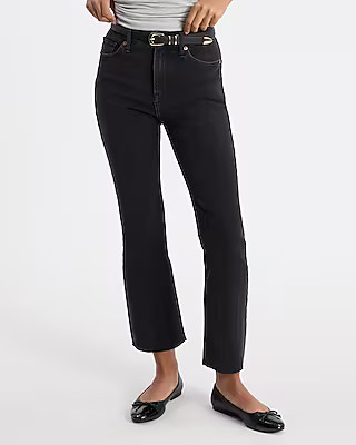 High Waisted Black Wash Raw Hem FlexX Cropped Flare Jeans | Express