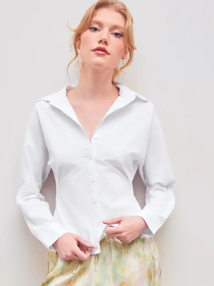 Woven Collar Solid Button Long Sleeve Blouse For Work | Cider