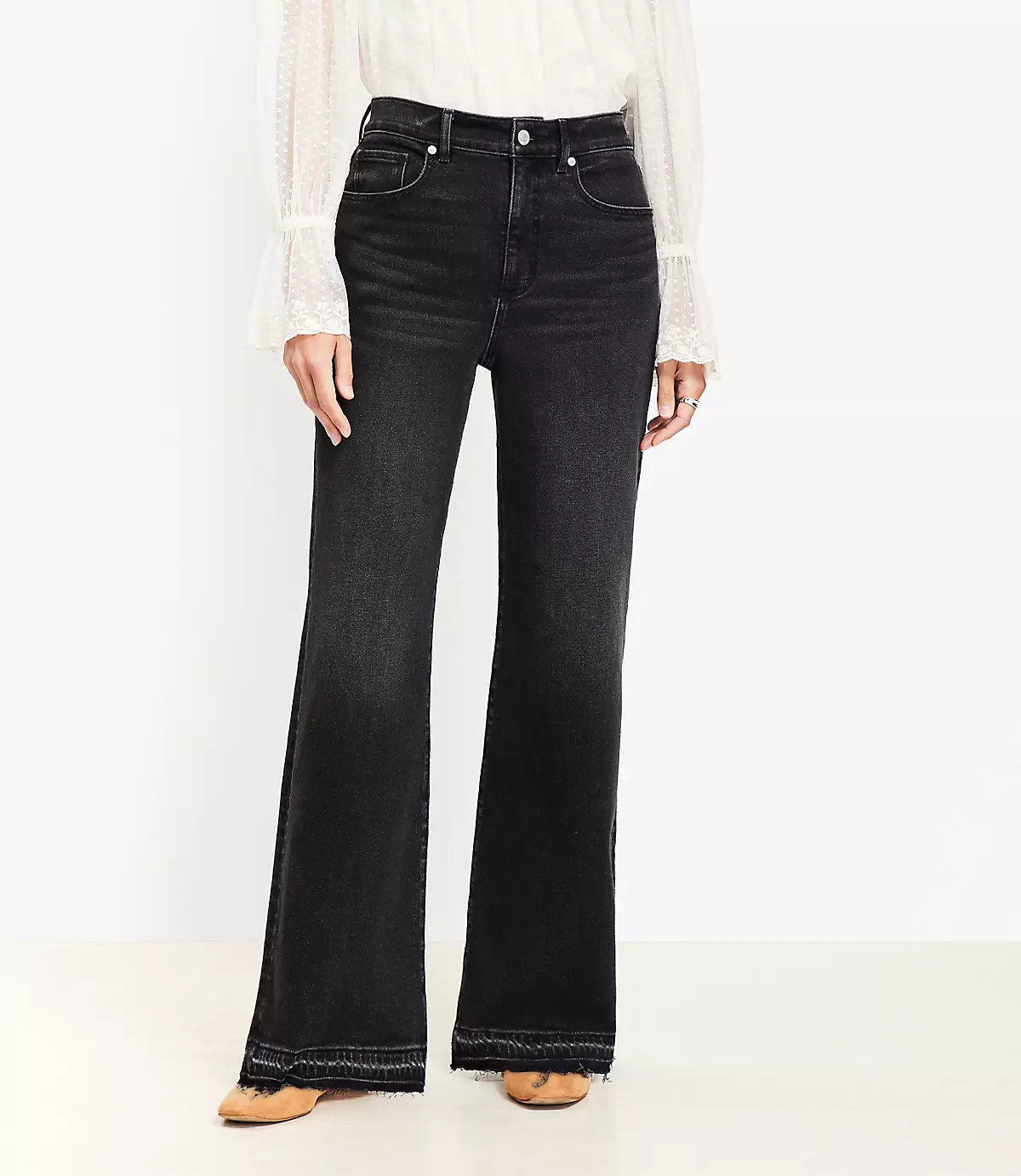 Unpicked Hem High Rise Wide Leg Jeans in Washed Black | LOFT