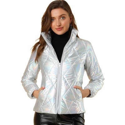 INSPIRE CHIC Women's Holographic Shiny Zipper Metallic Down Puffer Jacket Silver X-Large | Target