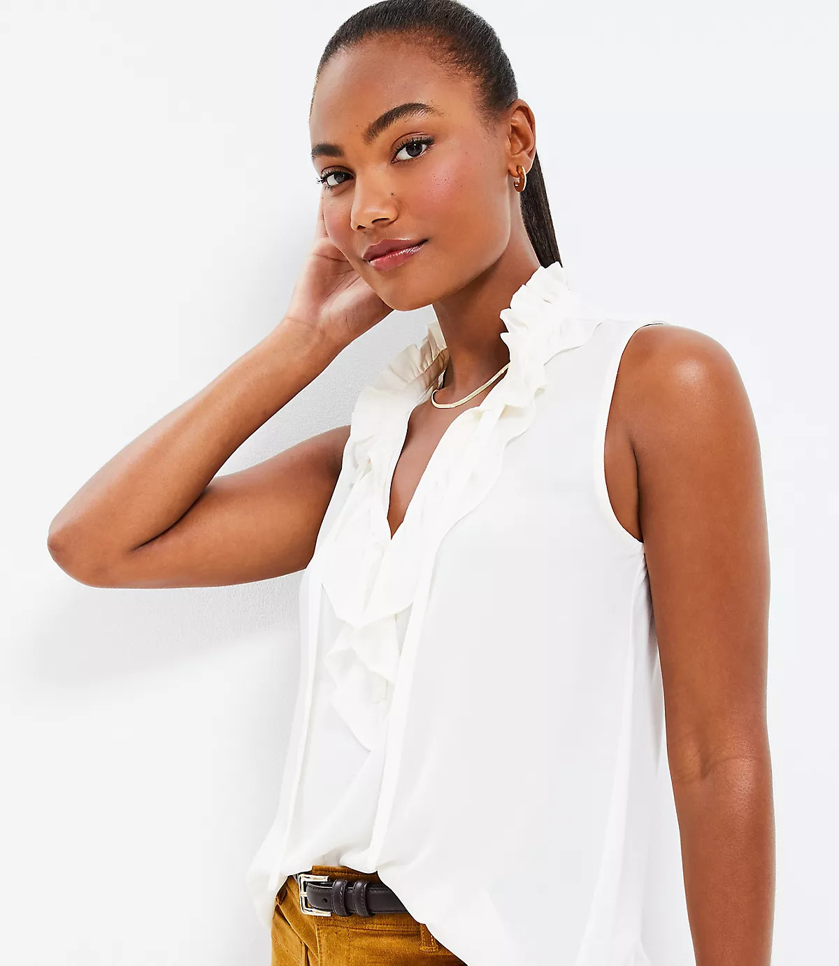 Ruffle Tie Neck Mixed Media Shell | LOFT