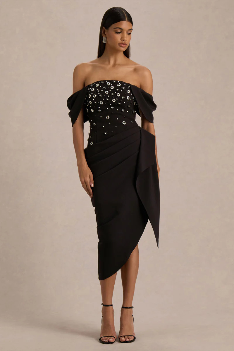 Sylvia  Black Hand-Embellished Bardot-Neck Midi Dress With Draped Satin-Wrap Skirt | Club L London