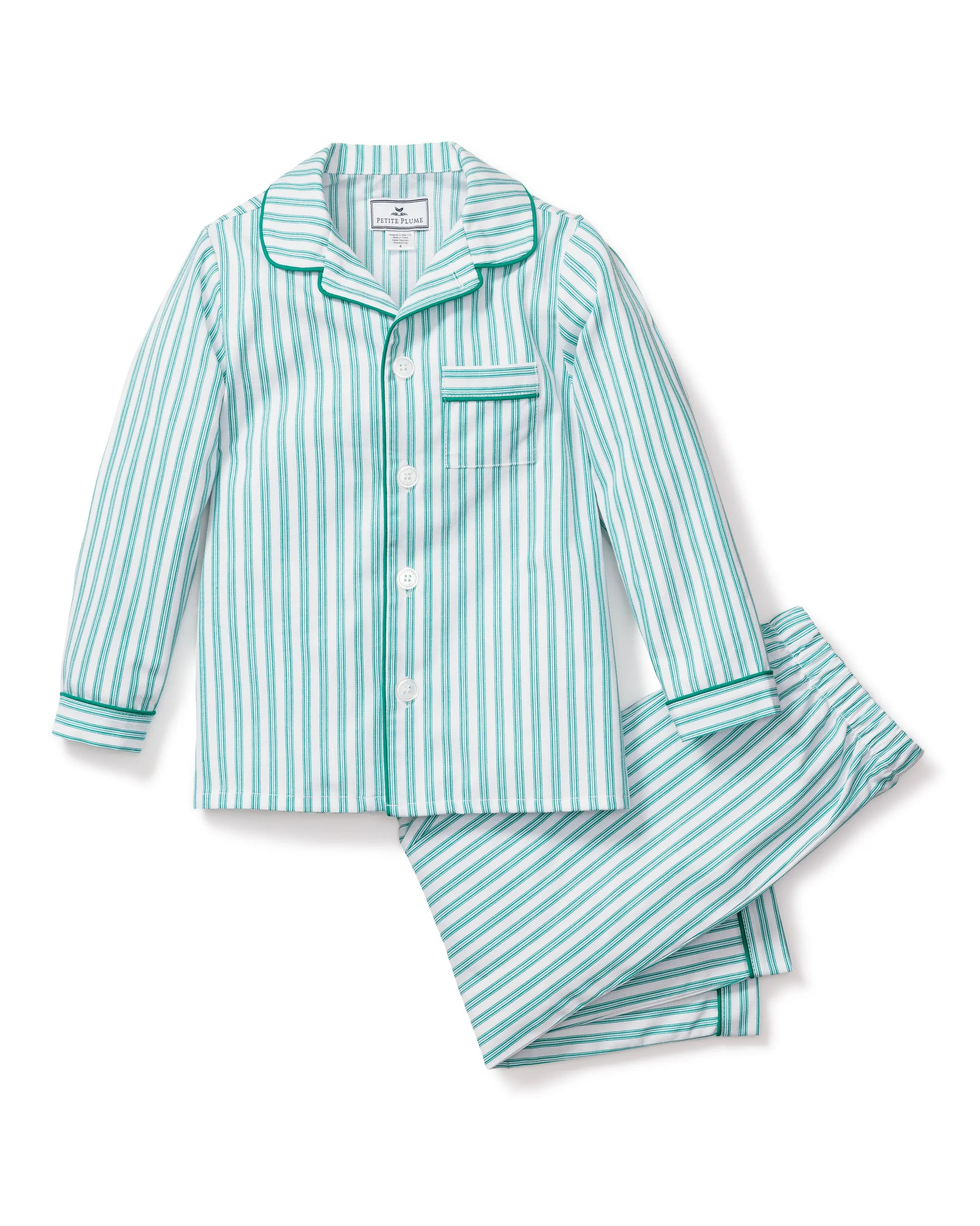Kid's Twill Pajama Set in Emerald Ticking | Petite Plume
