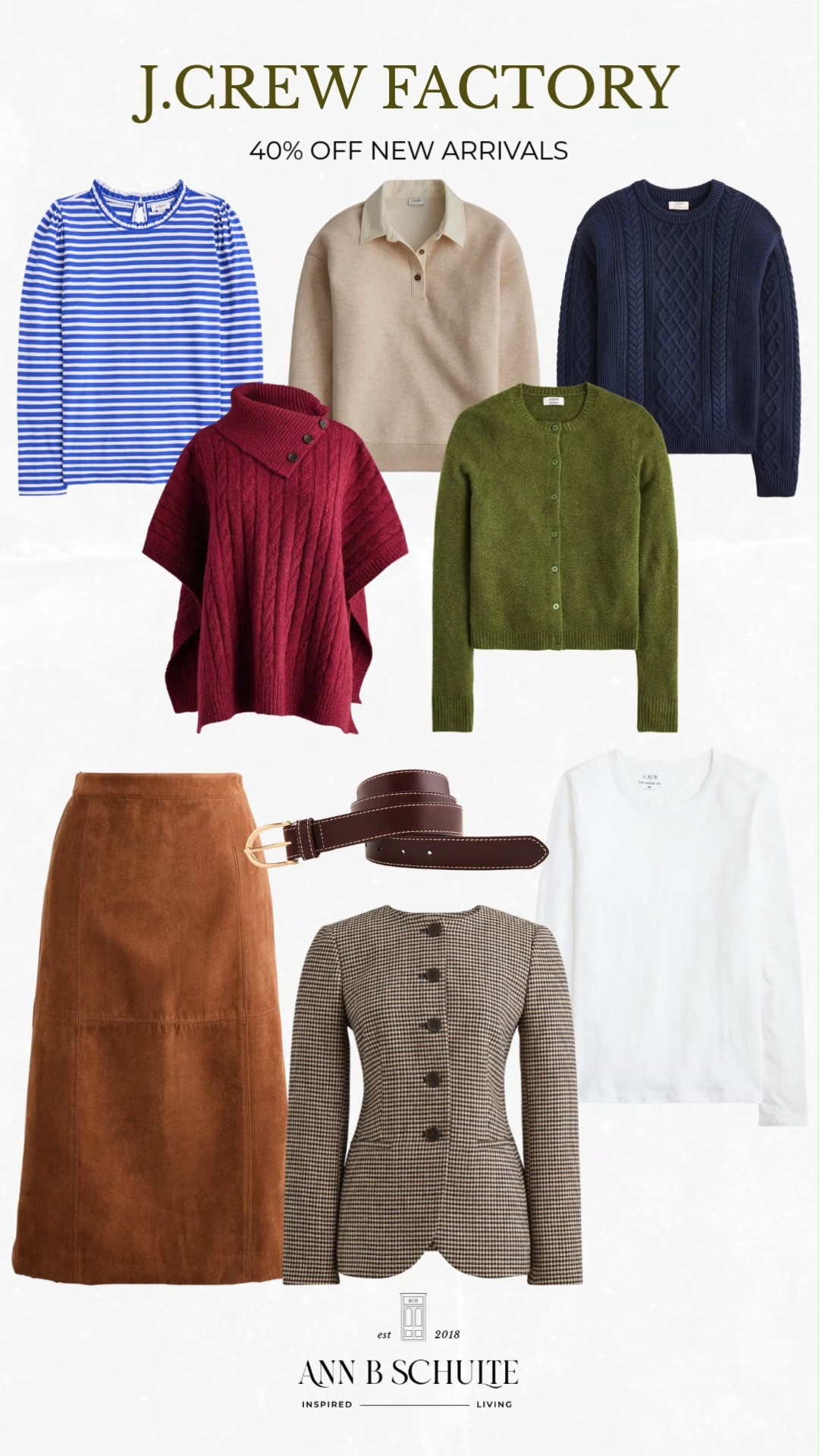 J.Crew Factory new arrivals are 40% off, making it a great time to add a few fresh layers to the fall wardrobe. From classic striped tops and cable-knit sweaters to cozy cardigans, a rich suede skirt, and a polished plaid jacket, these pieces have that timeless preppy feel that works beautifully for the season. The mix of navy, burgundy, olive, camel, and soft neutrals makes everything easy to style together or pair with pieces already in your closet. These are versatile fall staples that can take everyday outfits from simple to polished with very little effort. 🍂🤎✨

#JCrewFactory #JCrewFactorySale #FallFashion #FallNewArrivals #FallStyle #FallWardrobe #PreppyStyle #FallOutfits #ClassicStyle #FashionFinds 

 #LTKootd #LTKSaleAlert