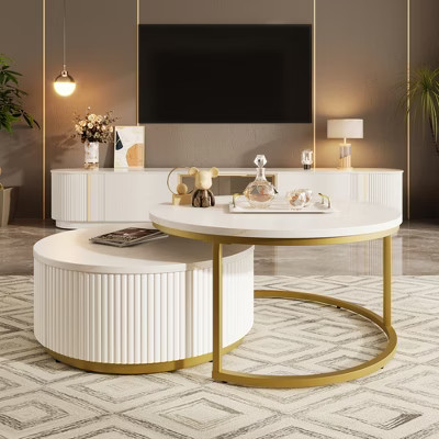 Round Nesting Coffee Table,  Side Table End Table Set with Drawer in White/Black & Gold, 4Q -Mode... | Target