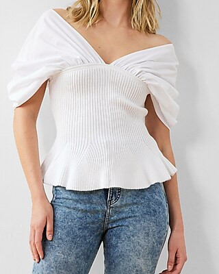 Draped Shoulder Ribbed Peplum Sweater | Express