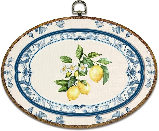 kdqua Chinoiserie Lemon Kitchen Oval Wall Art Decor, Vintage Blue and White Lemon Floral Canvas A... | Amazon (US)