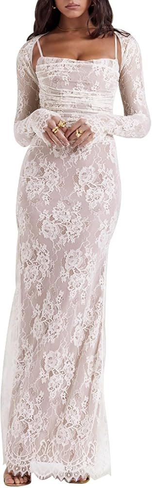 Women Cami Lace Maxi Dress Romantic Long Sleeve Lace Bodycon Dresses Elegant | Amazon (US)